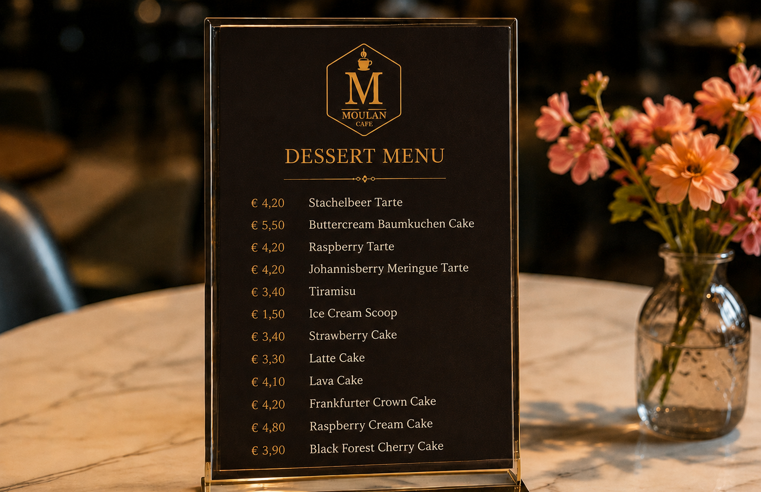 Dessertkarte des Moulan Café auf einem eleganten Tischaufsteller mit frischen Blumen